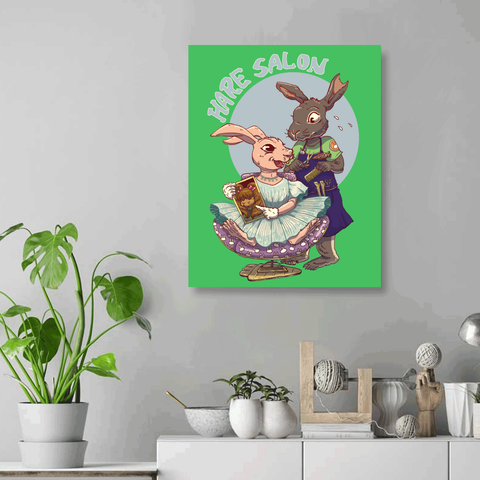 Hare Salon 16" x 20" Canvas Print on Green Background