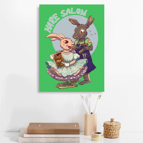 Hare Salon 12" x 16" Canvas Print on Green Background