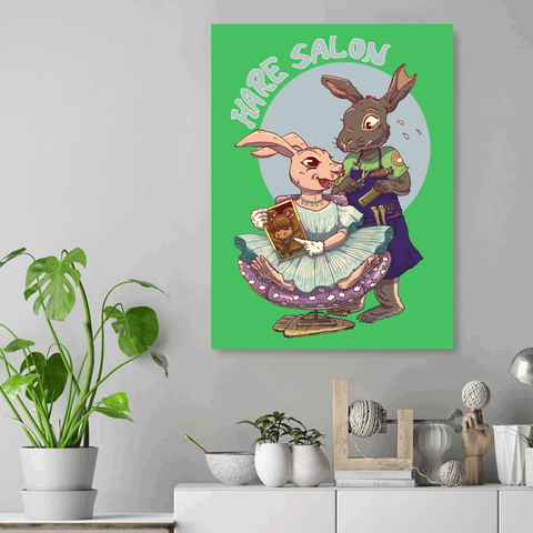 Hare Salon 18" x 24" Canvas Print on Green Background