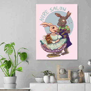 Hare Salon 18" x 24" Canvas Print on Pink Background