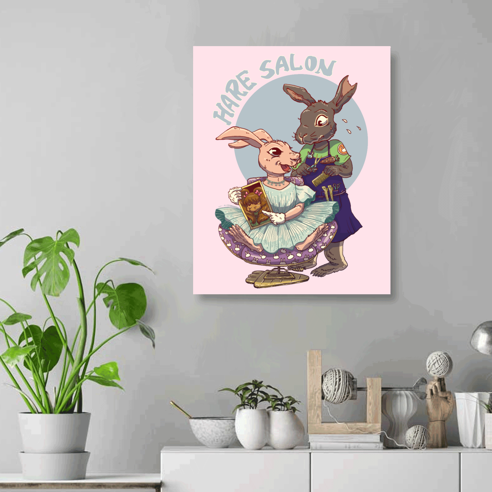 Hare Salon 16" x 20" Canvas Print on Pink Background