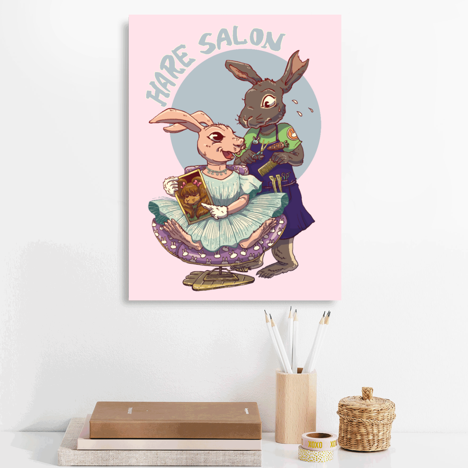 Hare Salon 12" x 16" Canvas Print on Pink Background